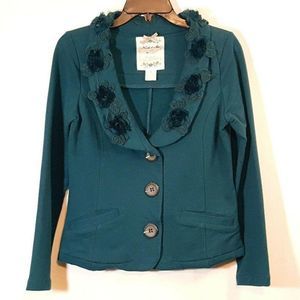 Anthropologie Nick Mo Blazer Sz S Jacket Teal Blue 3D Ribbon Flowers